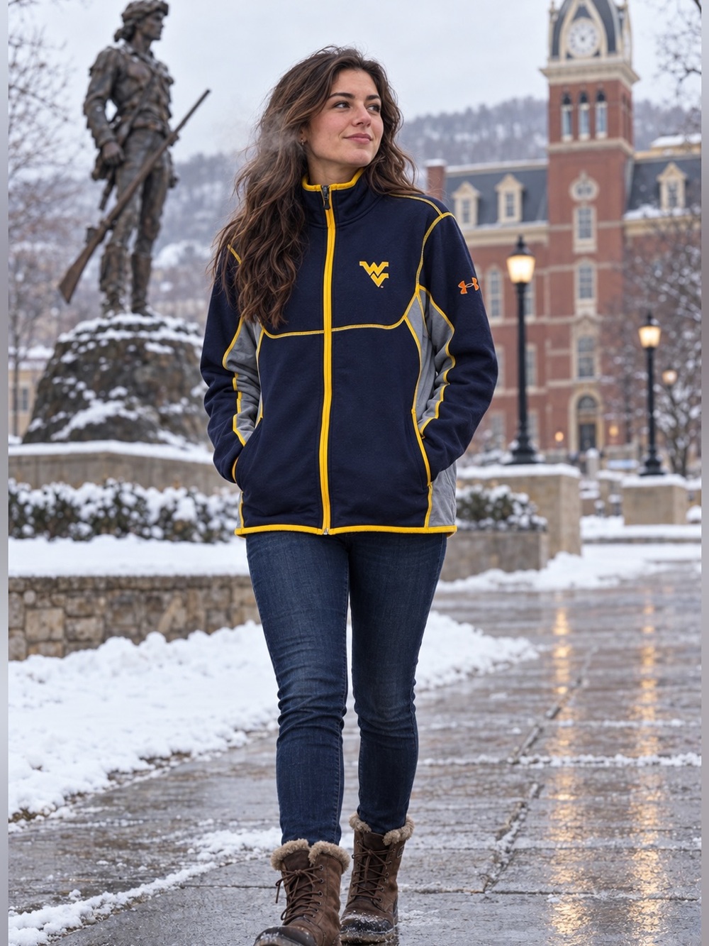 Under Armour WVU West Virginia Womens Small Sherpa Full-Zip Jacket Navy Gold EUC